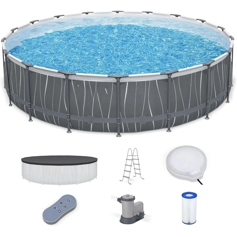 

18' x 48" Above Ground Pool, Round Metal Frame Outdoor Swimming Pool Set with LED Light, Filter Pump, Ladder, & Cover, Dark Gray