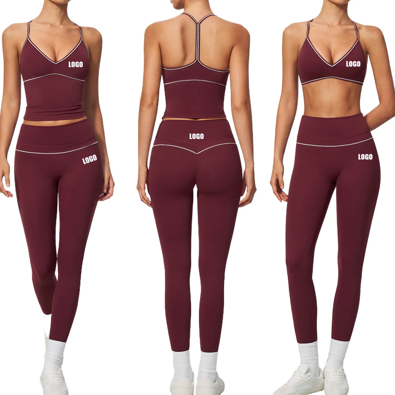 Custom LOGO women's new sports suit V-neck contrasting color hanging neck tight hip lift high waist fitness suit two-piece set