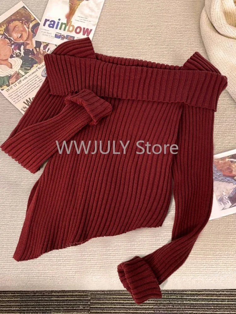 Woman Harajuku Korean Fashion Suit Autumn Winter Red Irregular Knitted Sweater + High Waist Slim Y2k Mini Skirt Plaid Skirt Set