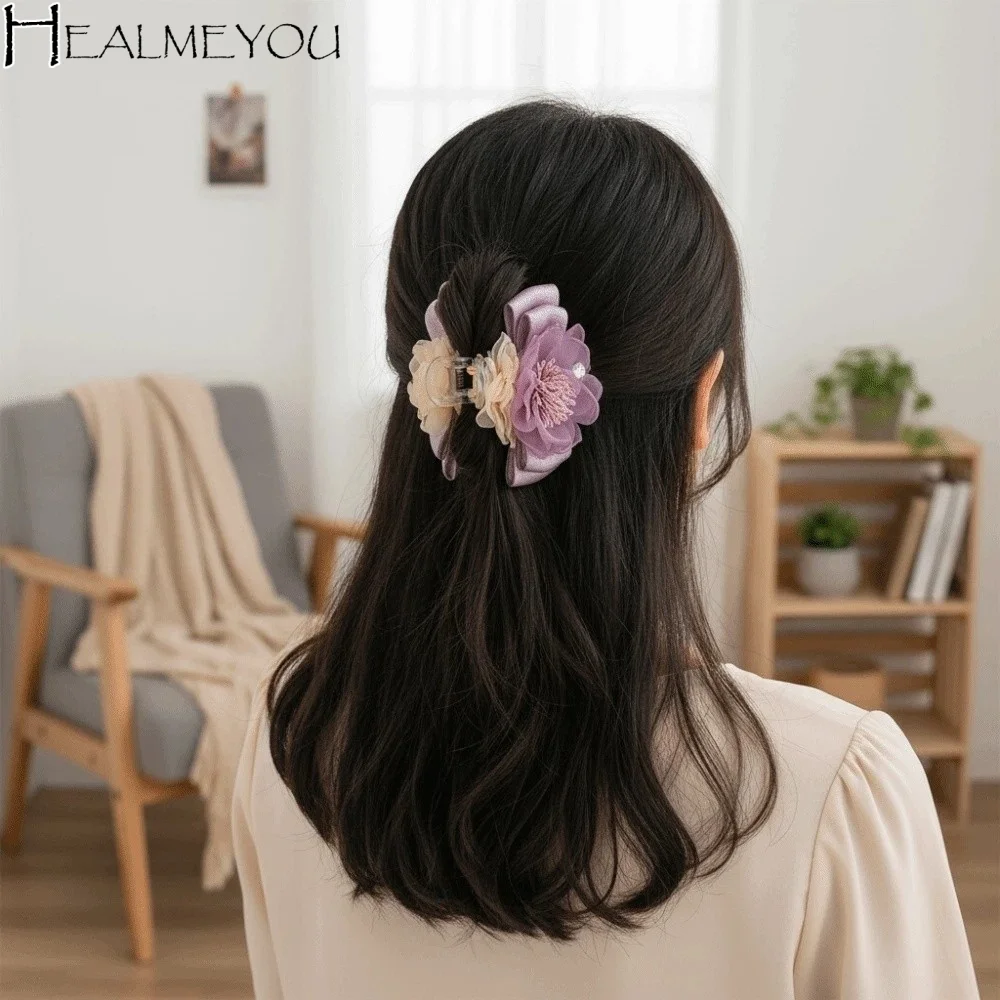

Shark Clip Elegant Flower Banana Clip Korean Style Bow Purple Mesh Vertical Clip Hairpins Polyester Women Ponytail Holder Female