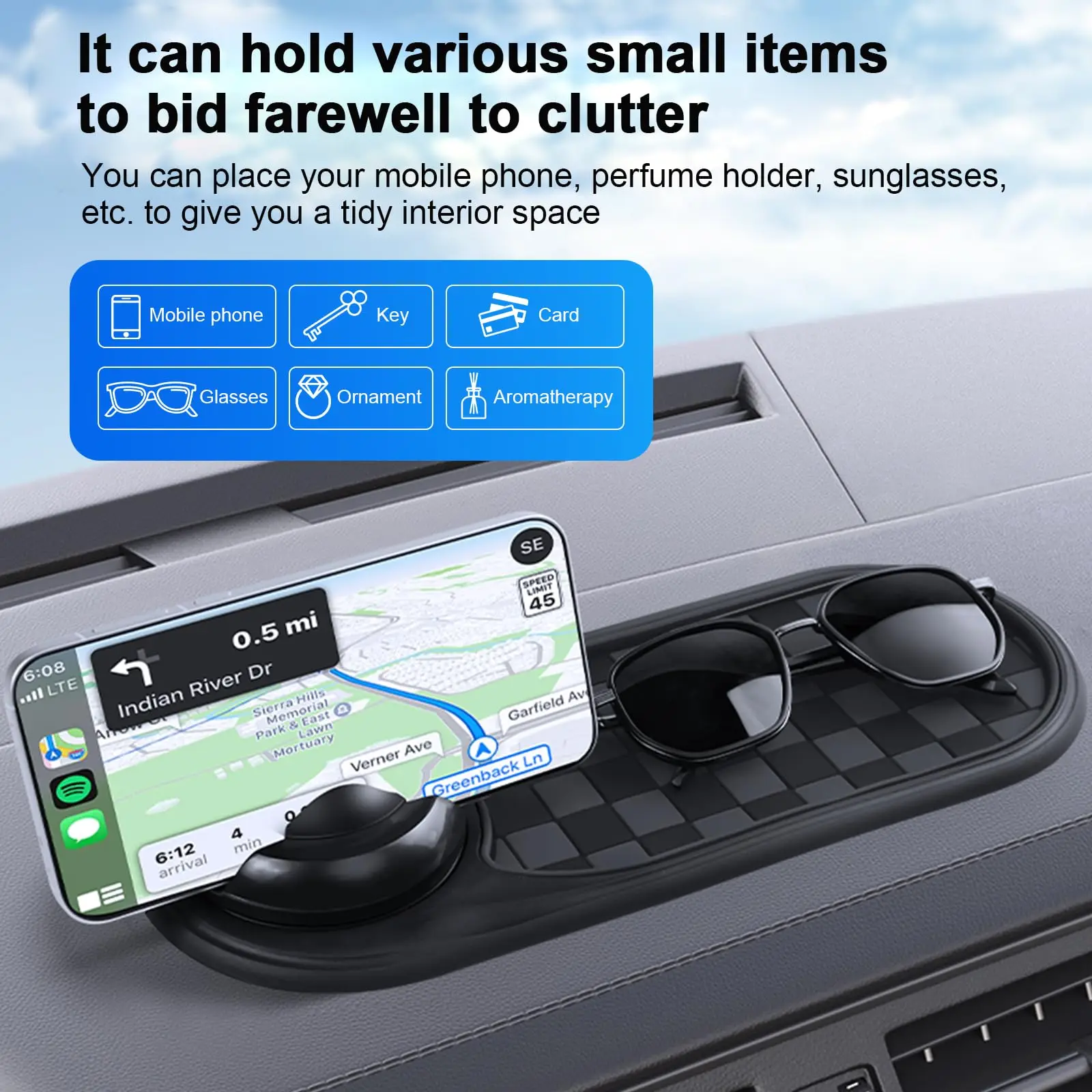 Car Dashboard Anti-Slip Mat with Temporary Parking Number Multifunction with Phone Mount 360-Degree Rotation Car Phone Holder