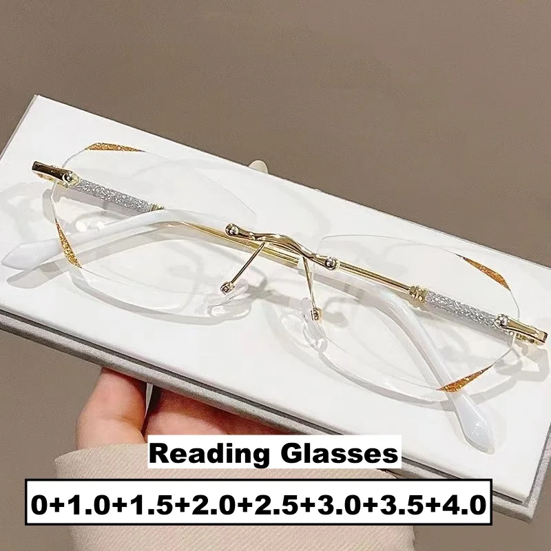 

Men Women Luxury Design Reading Glasses Diamond Rimless Presbyopia Eyeglasses Unisex Ultralight Far Sight Plus Diopters 0+4.0