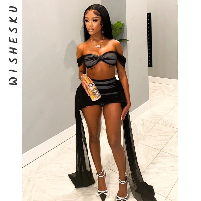 

2 Piece Set Women Mesh See Through Outfits Sexy Off Shoulder Corset Crop Top+High Waist Ribbon Mini Skirts 2024 Summer Clothes