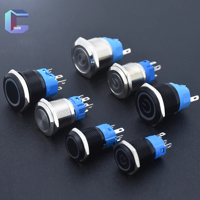 

16 19 22mm Metal Button Switch Waterproof 3A Momentary Self-Lock Car Engine Power Supply 1NO1NC With LED PC Power Sign 12v