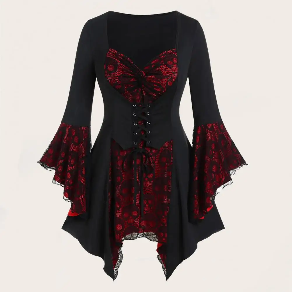 

Gothic Halloween Dress Women Cosplay Dress Irregular Cuff Lace Tie-up Strap Medieval Vintage Bat Sleeves Performance Stage Dress