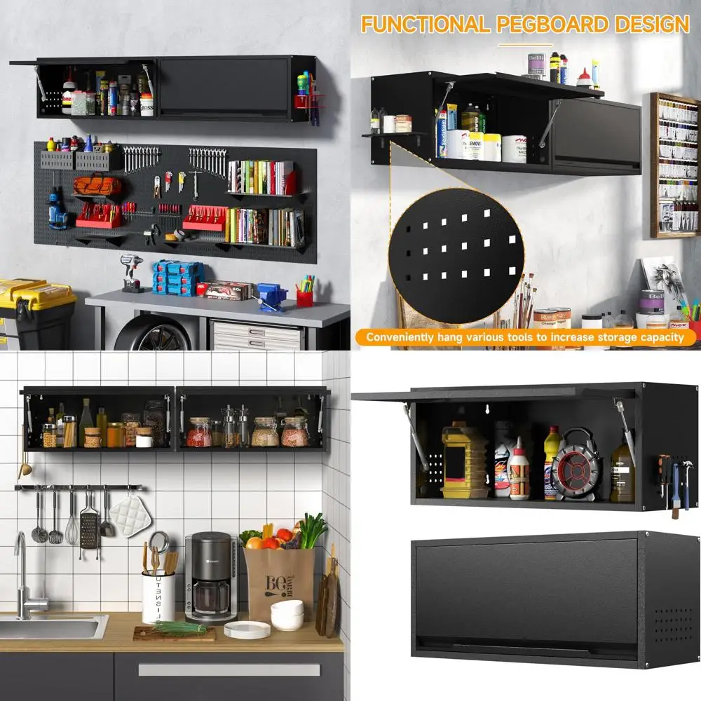 

Черный настенный металлический шкаф для хранения с отверстиями и дверцей с выступающим краем для гаража, подвала, кухни, склада и офиса