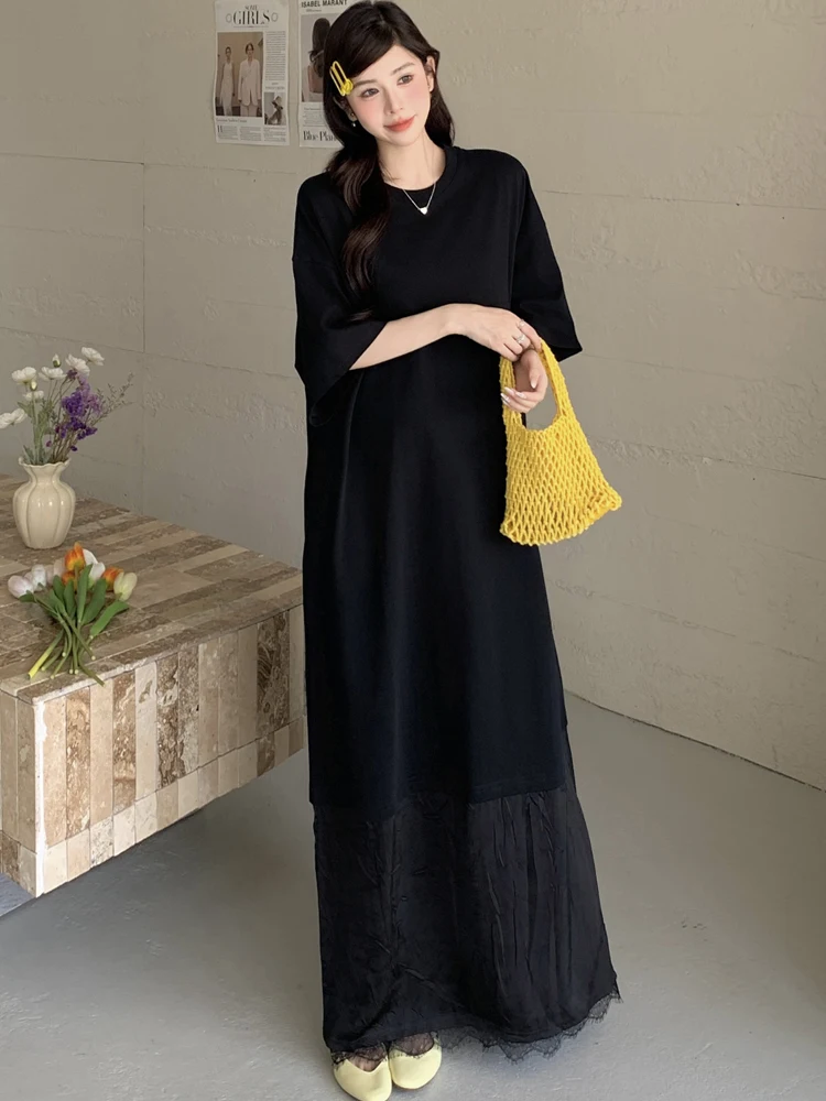 NYFS 2025 الكورية نمط المرأة الصيف فضفاض حجم كبير الدانتيل المرقعة قصيرة الأكمام إلكتروني طباعة فستان طويل رداء Elbise