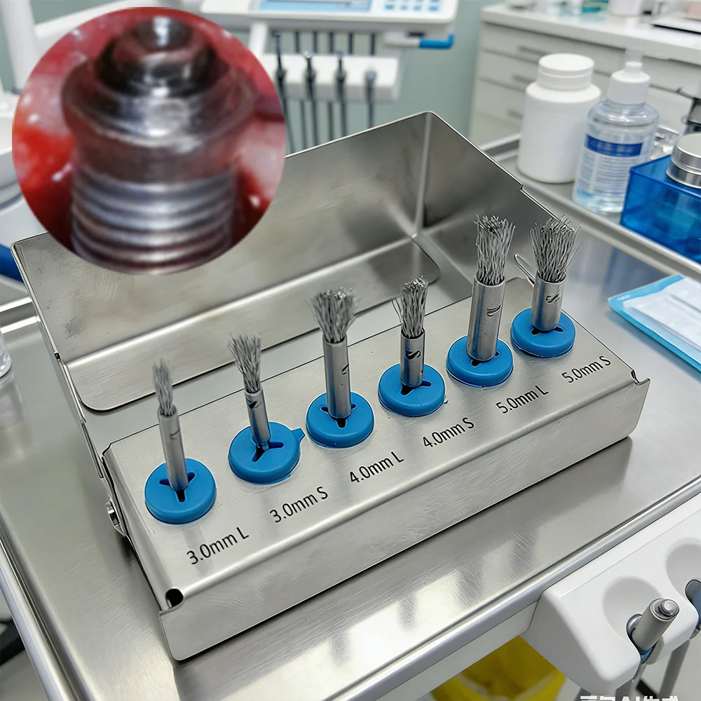 

Set Dental Debridement Peri-Implantitis Implant Surface Threads Titanium Brush for Implant Restoration Maintenance Autoclavable