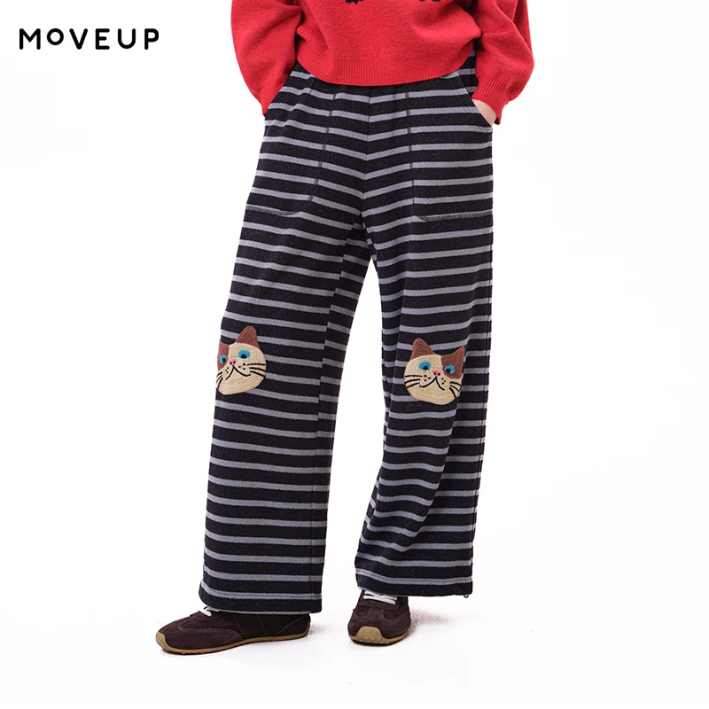 MOVEUP Women's Straight Leg Pants FUN Series Elastic Waist Striped Cat Pattern Trousers 2026 New Casual Cozy Clothing 3ELD10110