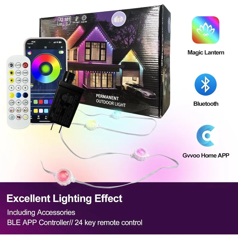 Lumières extérieures permanentes de 100 pieds, lumière d'avant-toit LED RVB avec application/télécommande, plus de 60 modes de scène dynamiques, St extérieur étanche IP67