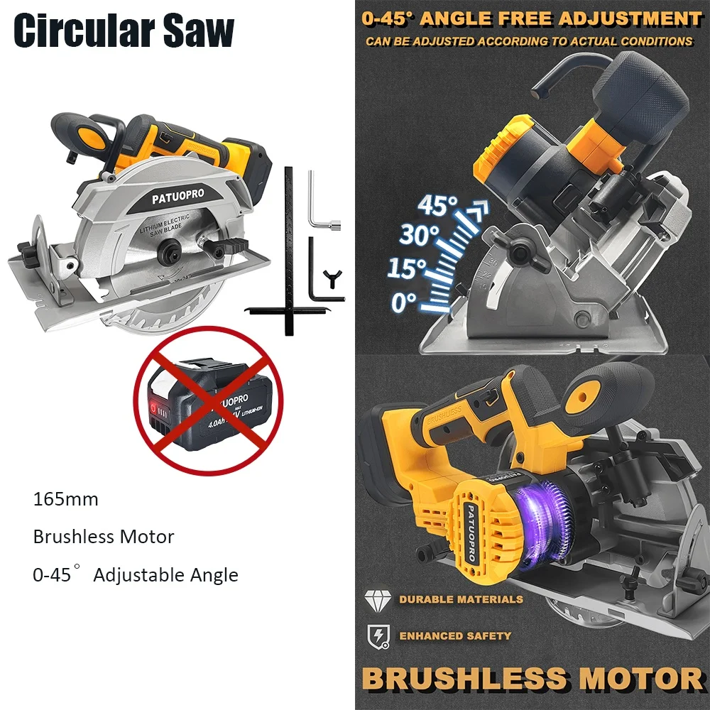 PATUOPRO 165MM Brushless Circular Saw Electric Wood Stone PVC Cutter 0-45° Adjustable Woodworking Saw For Makita 18v Battery