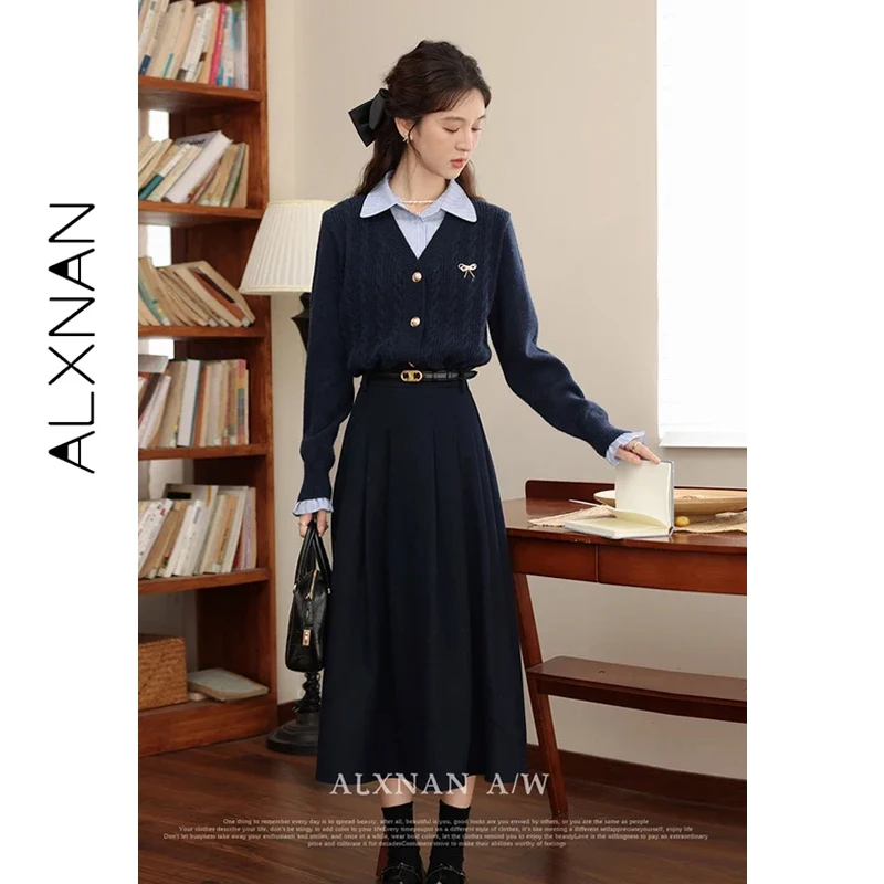 

Женская плиссированная юбка ALXNAN, элегантная, весна 2026, А-силуэт, миди, повседневная, темно-синяя, модная женская одежда LXN315101BSQ