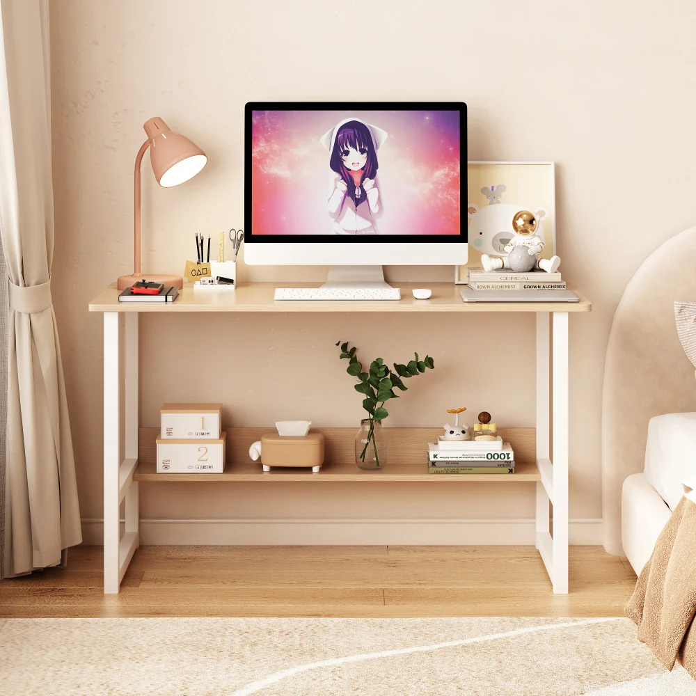 Home Office Computer Desk with Bookshelf, Wood Computer Desk with Storage Shelves Modern Laptop Table