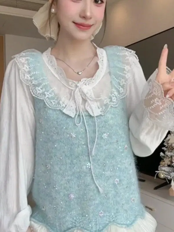 Mint Green Knitted Crop Top Women's Short Layering Base Layer Vest Summer Fashion Sweet Lace Trimed Halter Neck Tank Top