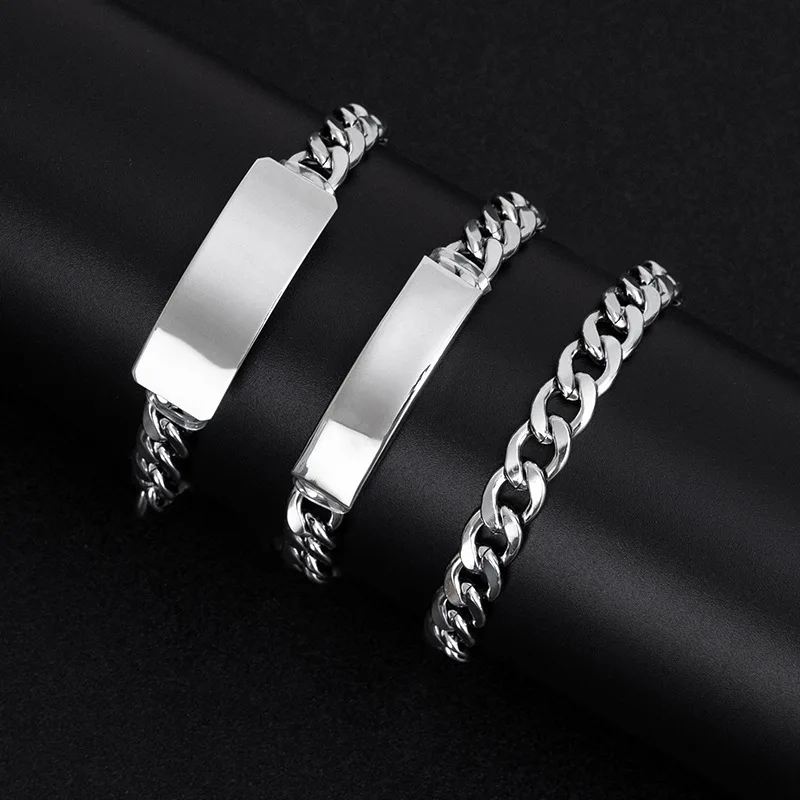 Men\'s Stainless Steel Bracelet Blank To Record Metal ID Plate Bracelets For Engraving Pulsera Mirror Polished Wholesale 10pcs