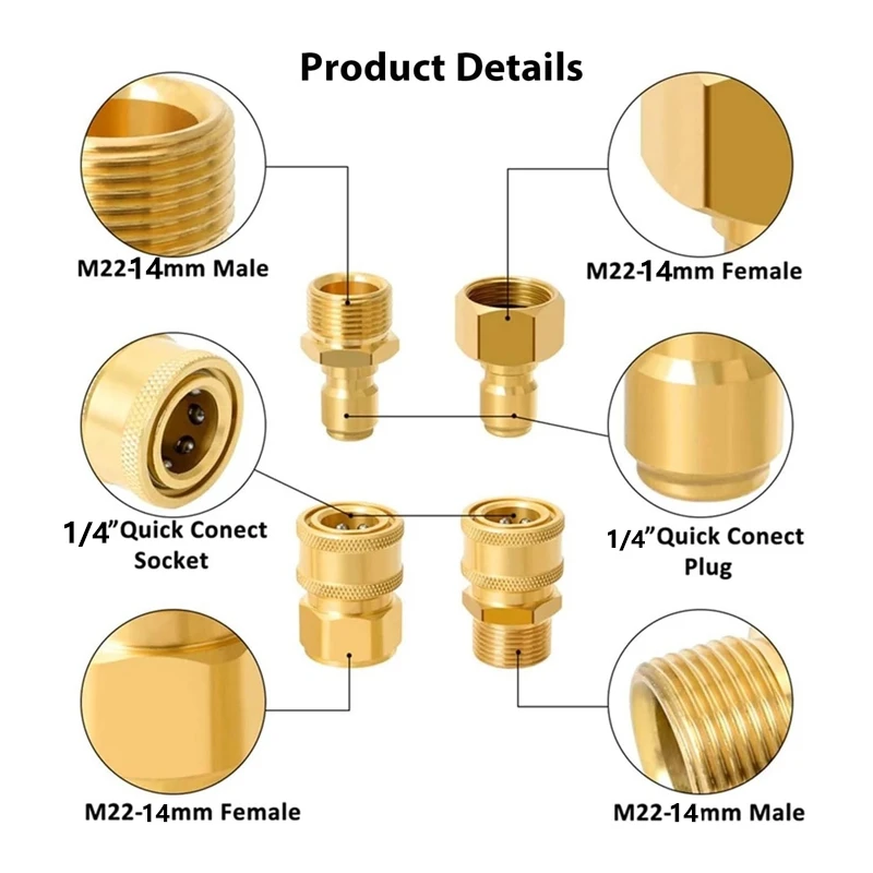 Mosiężny zestaw adapterów do myjki ciśnieniowej M22-14 mm/15 mm do 1/4 cala Szybkie połączenie i odłączanie pompy wężowej myjki mocy 5000 PSI