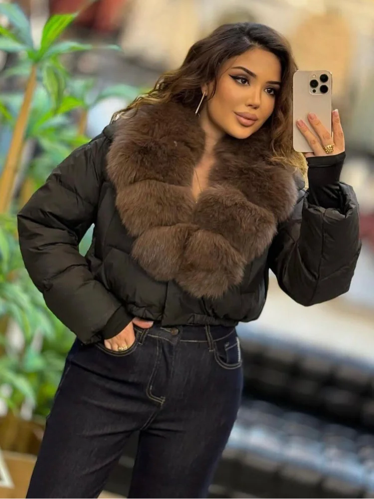 Women Fluffy Fur Collar Puffer Coat Cropped Loose Warm Winter Outerwear Thick Windproof Ladies 2026 New Casual Daily Winter Coat