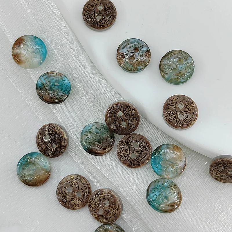 11.5MM Vintage Flower Craved Resin 2-Holes Fashion Buttons Of Clothing High Quality Blue Brown Beautiful Round Small Button DIY