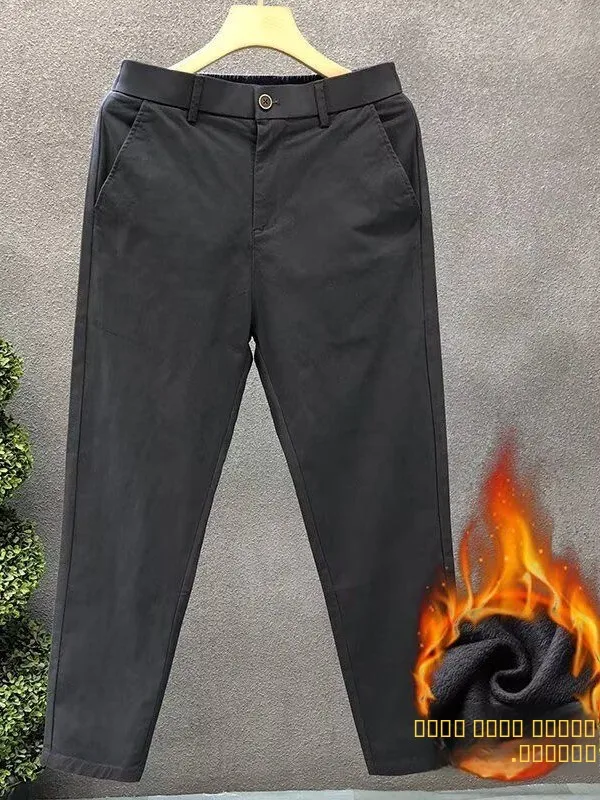 

Pure Cotton Men's Casual Pants Elastic Straight Leg Busin Trousers Autumn Winter Fce Lined Versatile Loose Fit Trousers