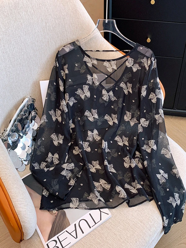 

Elegant Women's Long Sleeve Print Sunscreen Chiffon Shirt Fashionable Autumn High-End Feeling Commute Style Loose Fit
