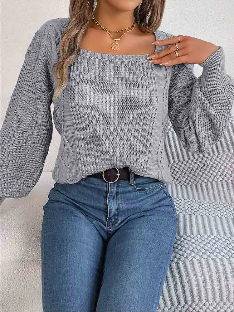 

Twisted Knitted Sweater Long Sleeve Pullover Woman Solid Sqare Neck Top 2023 Winter Laider Causal Sweater Warm Soft Jumper