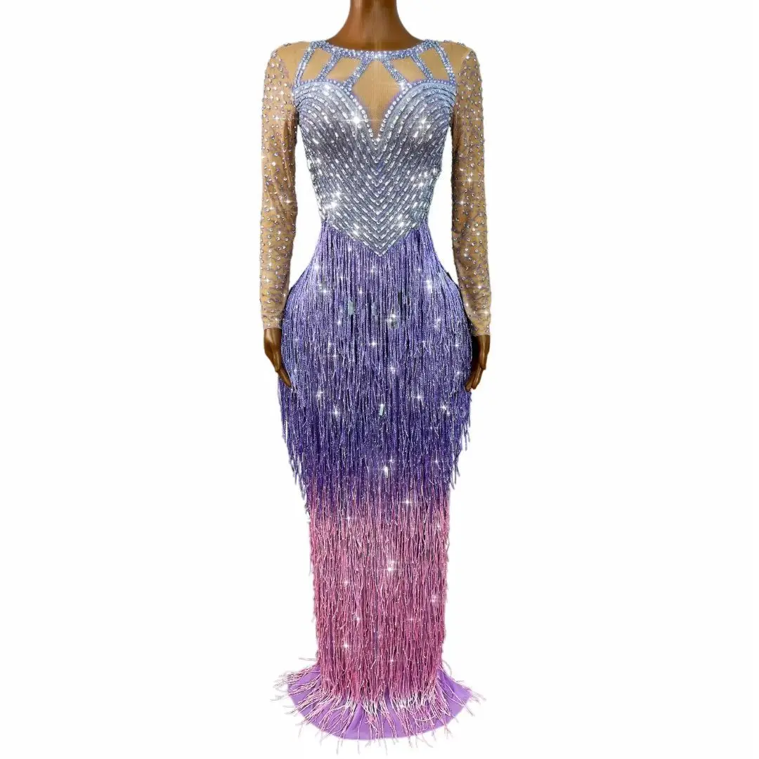 

Piaoliuchangxiu Sparkling Gradient Rhinestone Fringe Maxi Dress Long Sleeve Sheer Mesh Bodycon Gown for Special Occasions