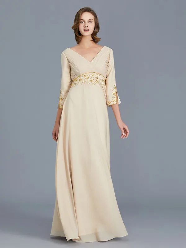 Champagne Mother Of The Bride Dresses A-line V-neck 3/4 Sleeves Chiffon Beaded Plus Size Long Groom Mother Dresses For Wedding