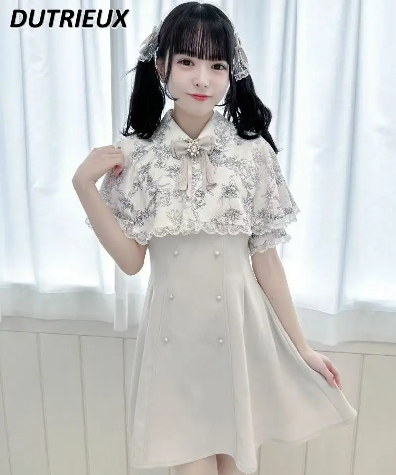 Japanese Style New Printed Shawl Short Sleeve Dress Mine Series Mass-Produced Lolita Sweet Cute Girl Cloak Waist-Tight Dresses