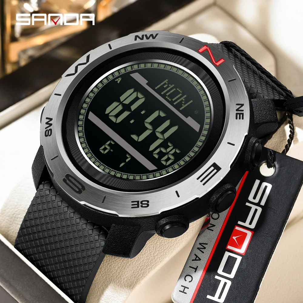 SANDA 5106 طالب ساعة إلكترونية درجة الحرارة توقعات الطقس في الهواء الطلق مقاوم للماء الرياضة العد التنازلي ساعة إلكترونية للرجال