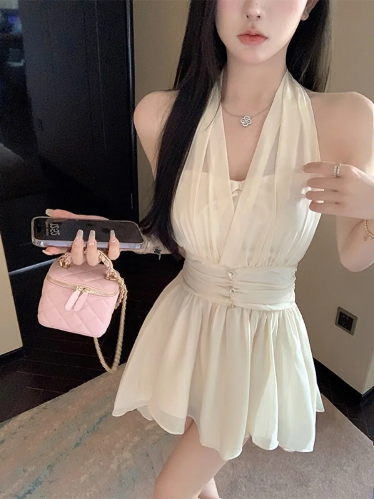 E Vestido Blanco de Gasa con Cuello ter para Mujer, Ajustado a la Cintura, Estilo Sexy y Puro, Sin Mangas, Línea A,...