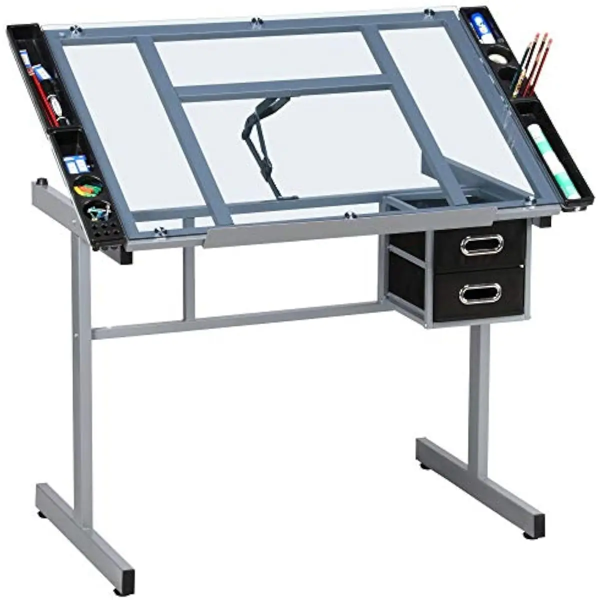 Adjustable Glass Drafting Desk with Tilting Surface 0–60°, Rectangular Modern Design, Powder-Coated Steel Frame, Tempered Glass