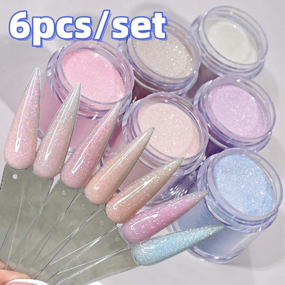 6Jars Glitter Nude Acrylic Nail Powder Set Pink Blue Glitter Acrylic Powder for Nail Extension French Manicure Nail Carving Tool