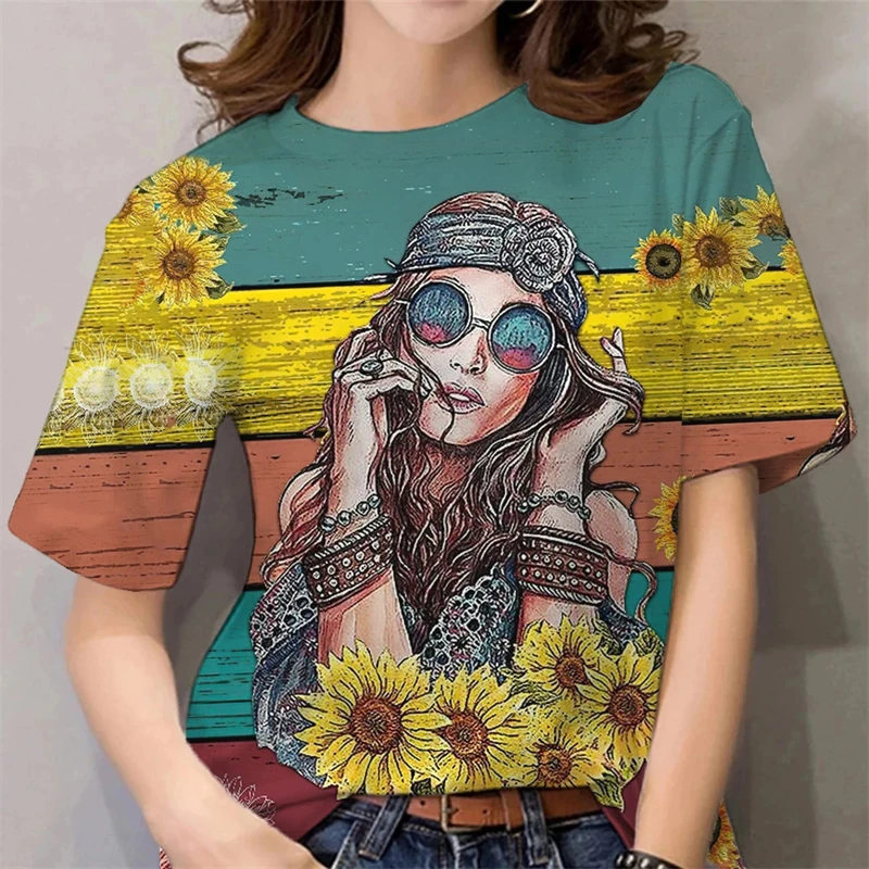 

2024 T-Shirt For Women Harajuku Girls Print y2k Tops Summer Oversized Tshirts Womens Clothes Round Neck Shirt Female Clothing