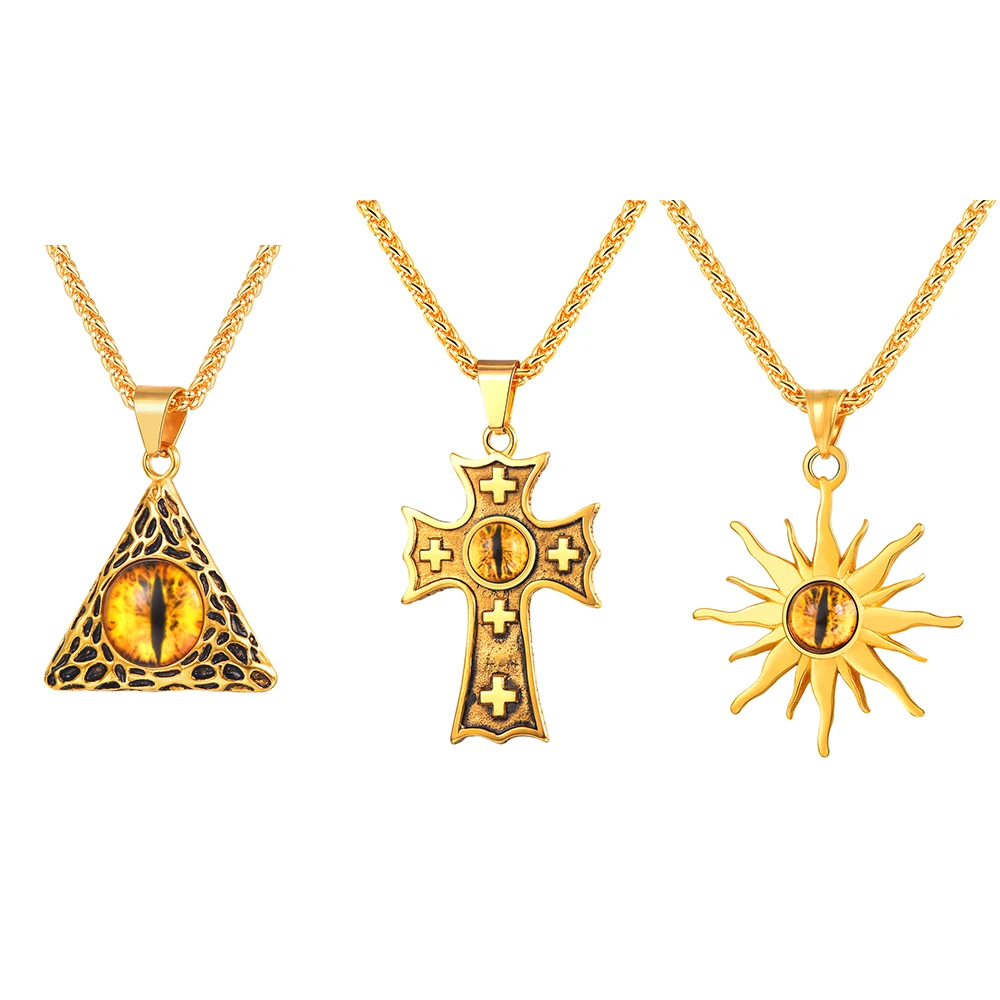 

U7 Retro Stainless Steel Evil Eye Necklaces Cross Triangle Sun Flame Protection Symbol Charm 3mm Link Chain Men Jewelry QC24