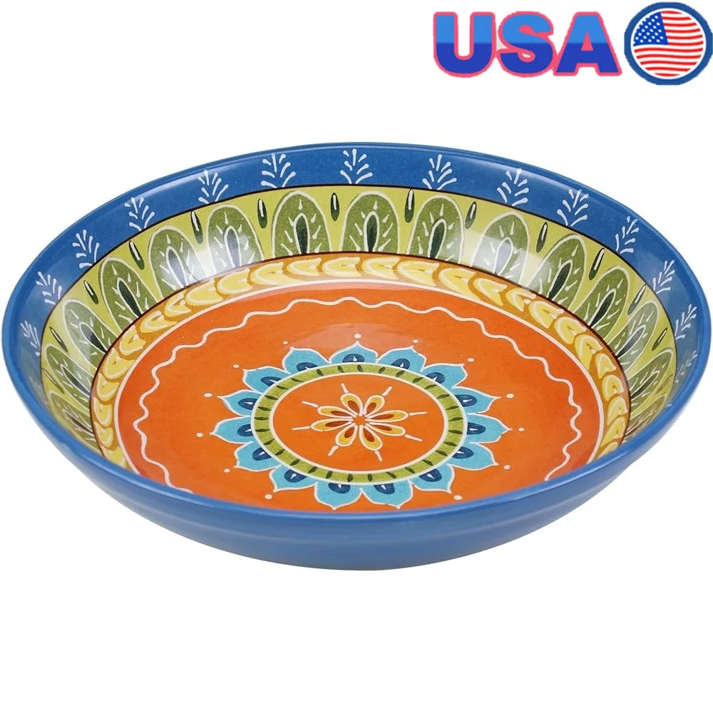 

Large 13.25 Inch Ceramic Serving Bowl Vibrant Boho Glazed Design Microwave Dishwasher Safe Ideal Pasta Salads Fruits