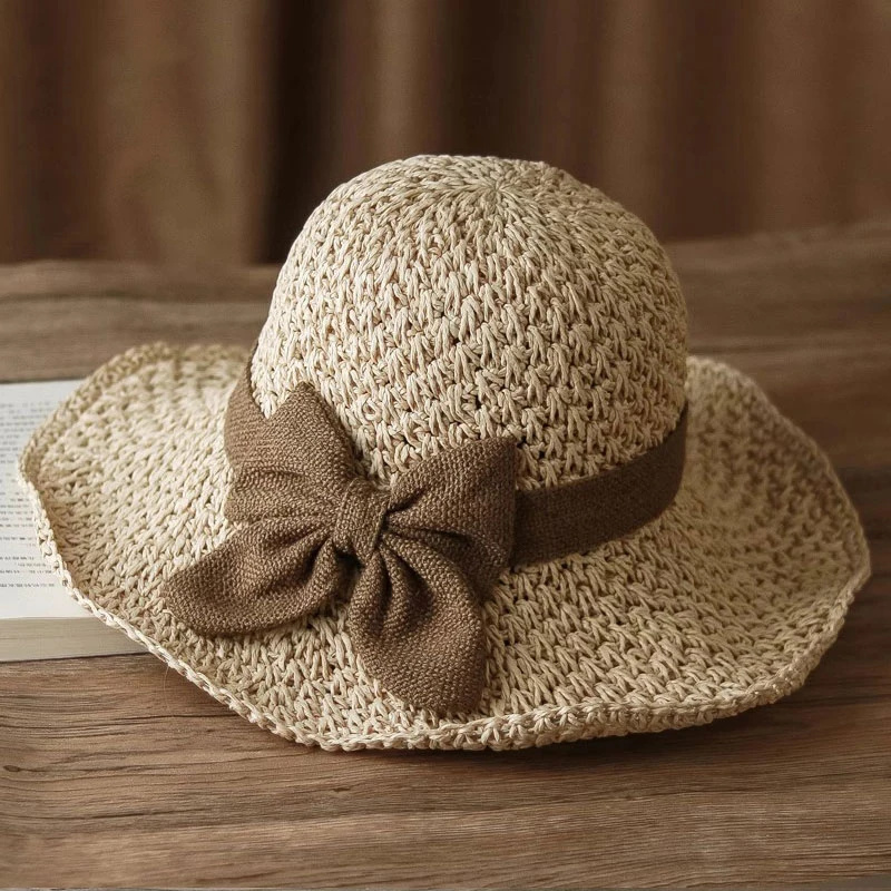

Женская соломенная шляпа с бантом, летняя шляпа с широкими полями, солнцезащитный козырек, уличный солнцезащитный козырек, винтажная шляпа, складная, упаковочная для пляжного отдыха
