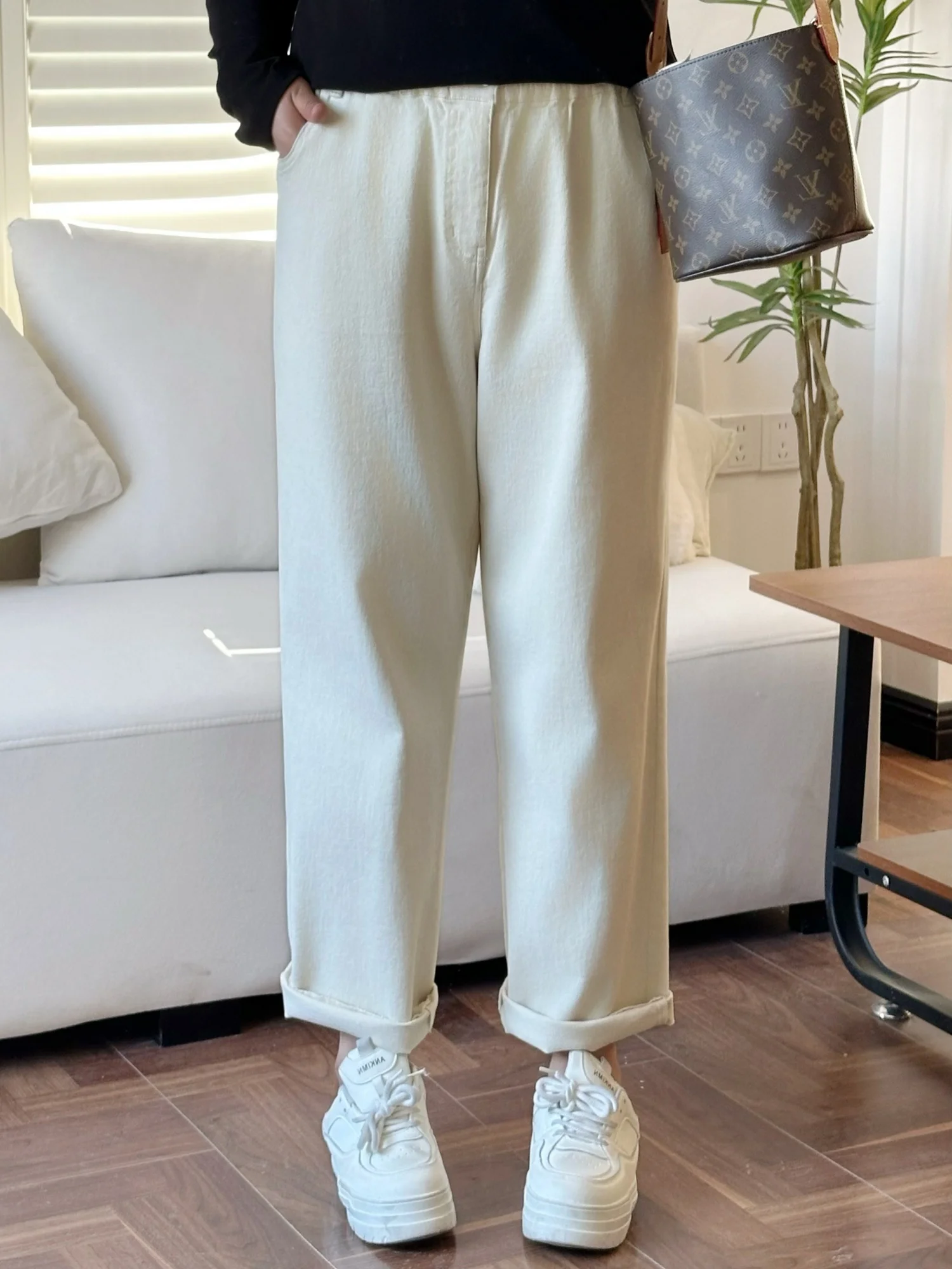 

High Waist Elastic Dad Jeans plus Size Conceal Meat Casual Pants Spring New Style Versatile Slimming Straight Leg Cotton Denim