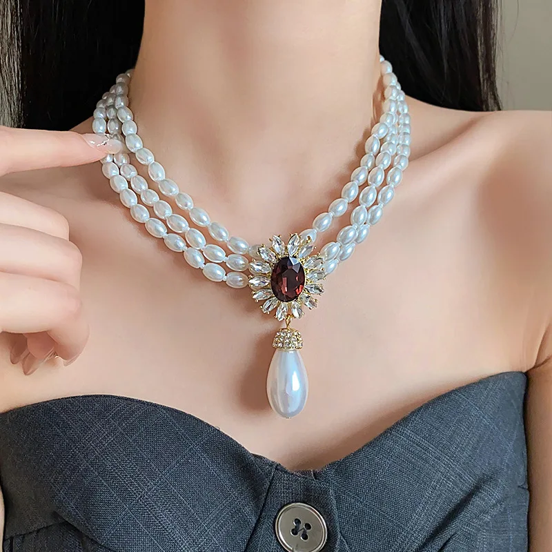 Water Drop Crystal Choker Earrings Necklaces for Women Ladies dainty style Pearl Necklaces Weddings Bride Jewelry
