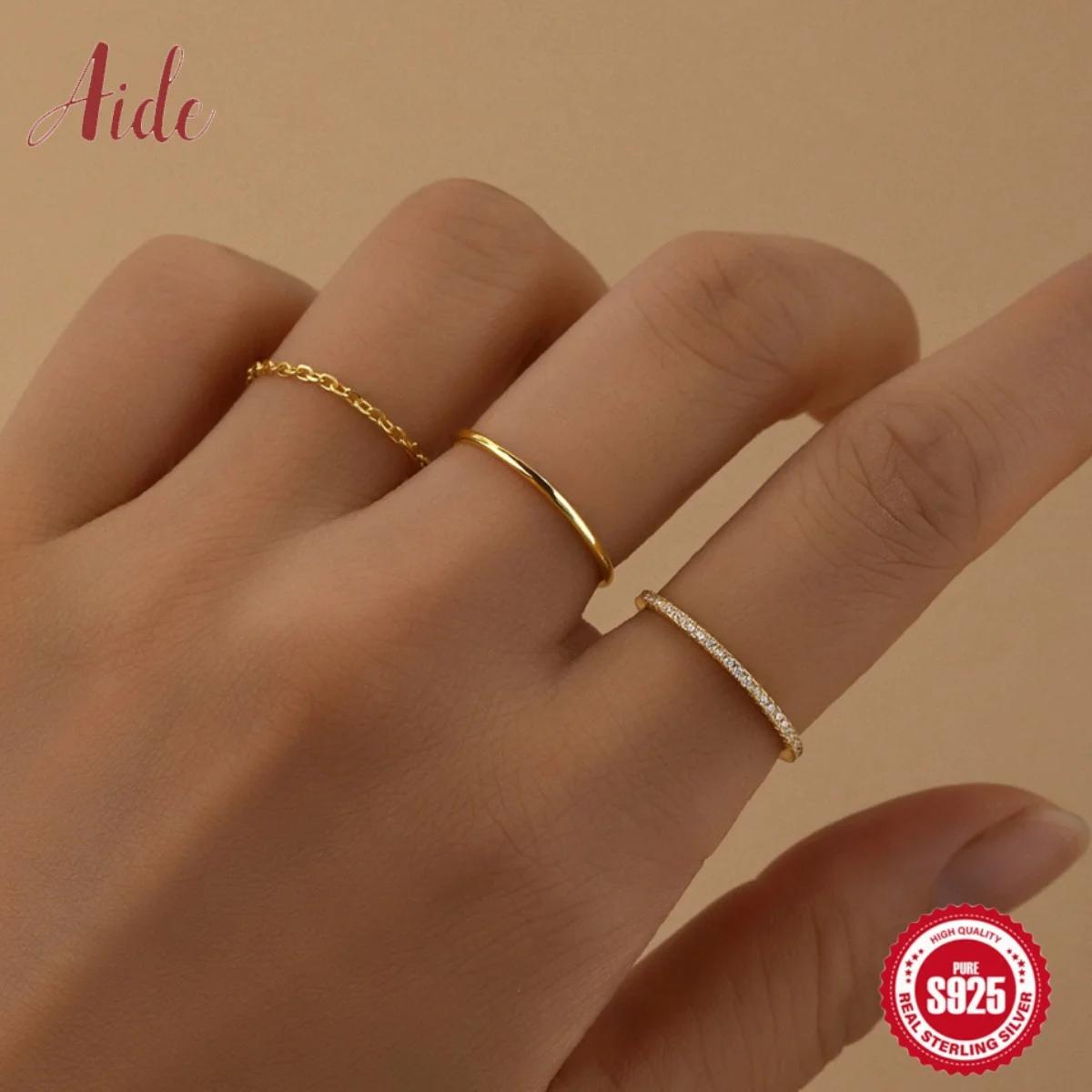 Aide 925 Silver 3 Pcs/Set  In Size 7 Plain Circle Ring For Women 18K Gold Small Niche Personality Light Luxury Style Jewelry