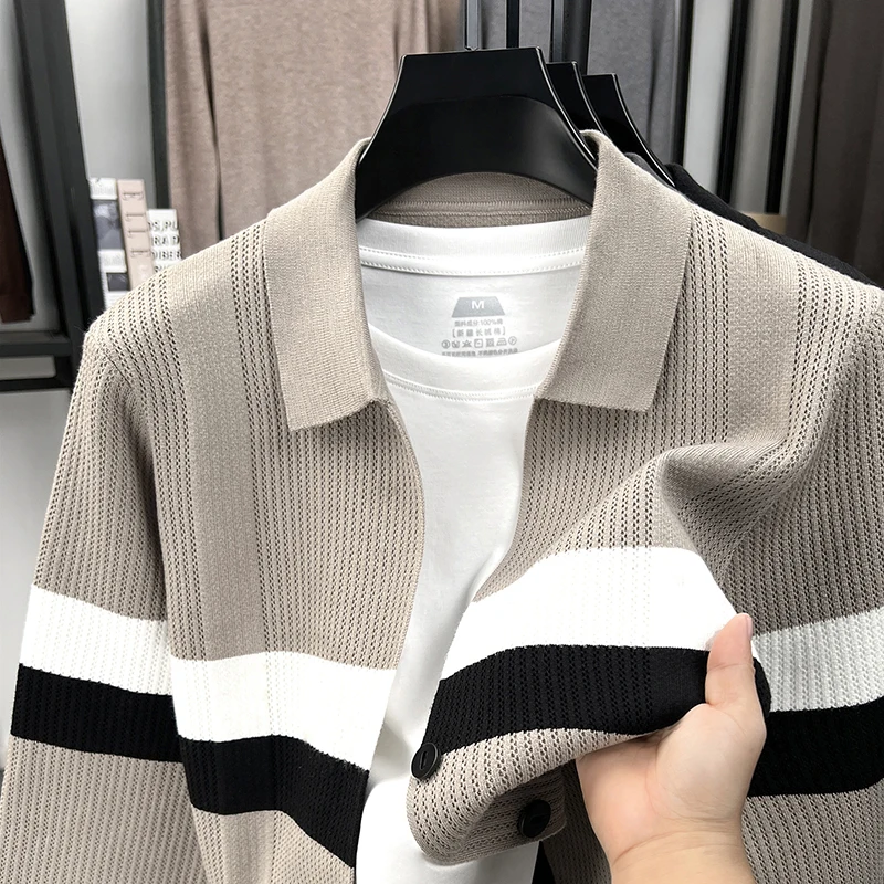 High end Brand knitted lapel sweater cardigan fashion stripe design autumn winter new coat comfort pocket casual men's clothing