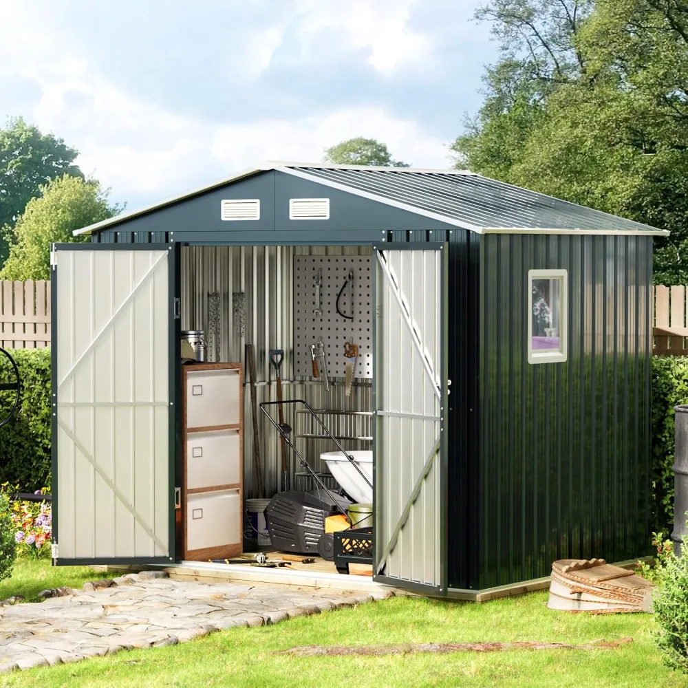 6X8X6.4FT Outdoor Steel Storage Shed with Lockable Doors, One Clear Window,Ideal for Garden, Backyard, Patio Storage