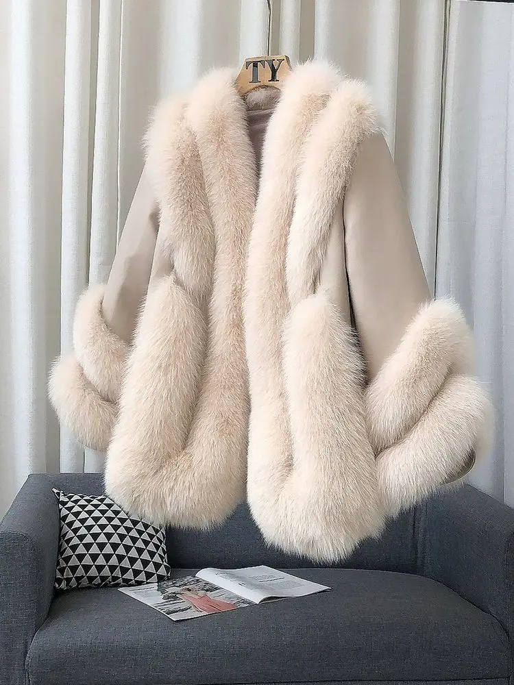 Whole Skin Fox Fur Grass Women's Mid length 2023 New Fur Integrated Sheep Skin White Duck Down Down Coat Winter