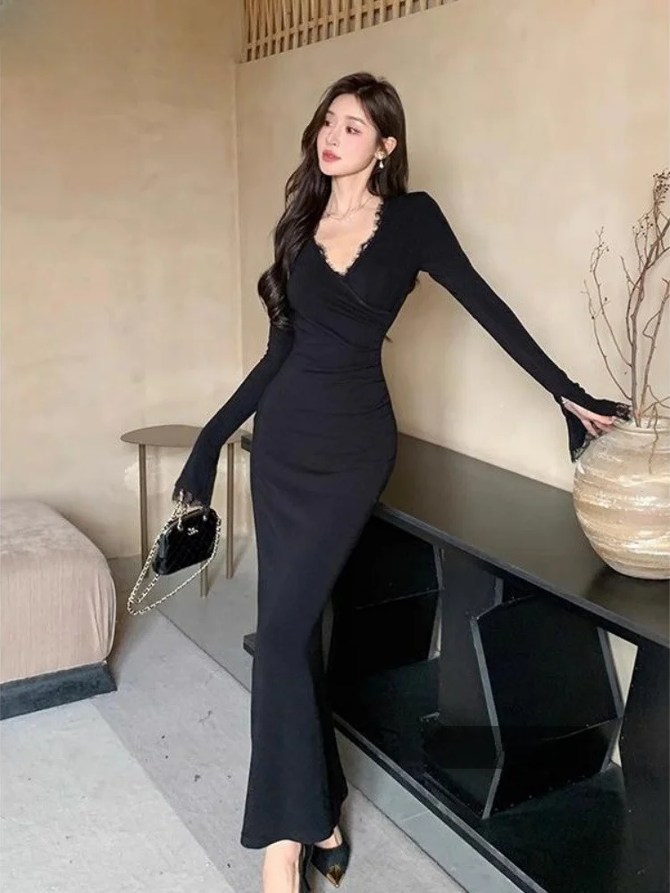 

Ele Long Sve V-Ne Кружевная отделка Fi Tail Dr Женская зимняя облегающая юбка с застежкой на талии High-End Feeling Dr