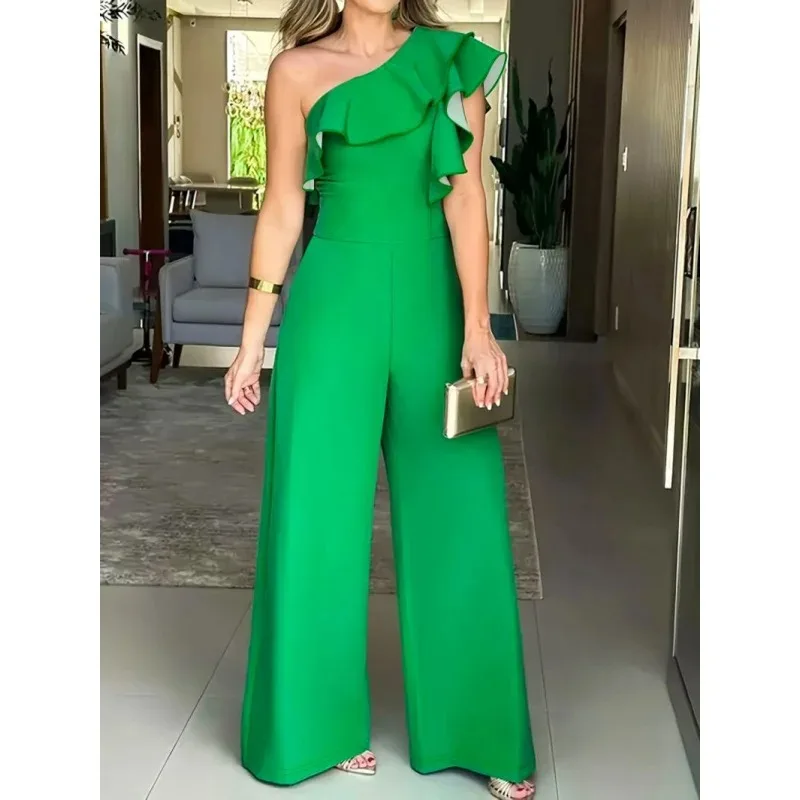 Cross-Border Women's Clothing European and American Elegant Women's Clothing Jumpsuit One Shoulder Ruffled One-Piece Jumpsuit