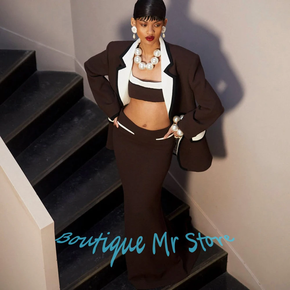

Профессиональная женская коричневая одежда с черной отделкой, костюм с лацканами, комплект из 2 предметов (куртка + юбка), официальная офисная женская верхняя одежда