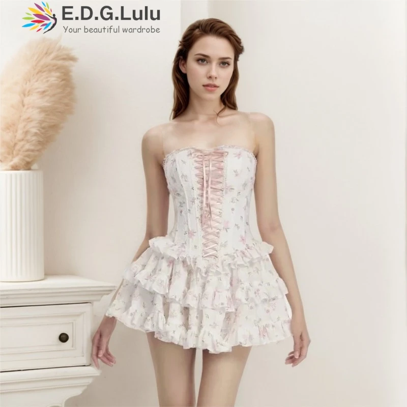 

EDGLuLu Strapless Drawstring Lace-Up Sweet Leisure Seaside Holiday Mini Party Dresses Woman Floral Layered Ruffle Edge Dress0313