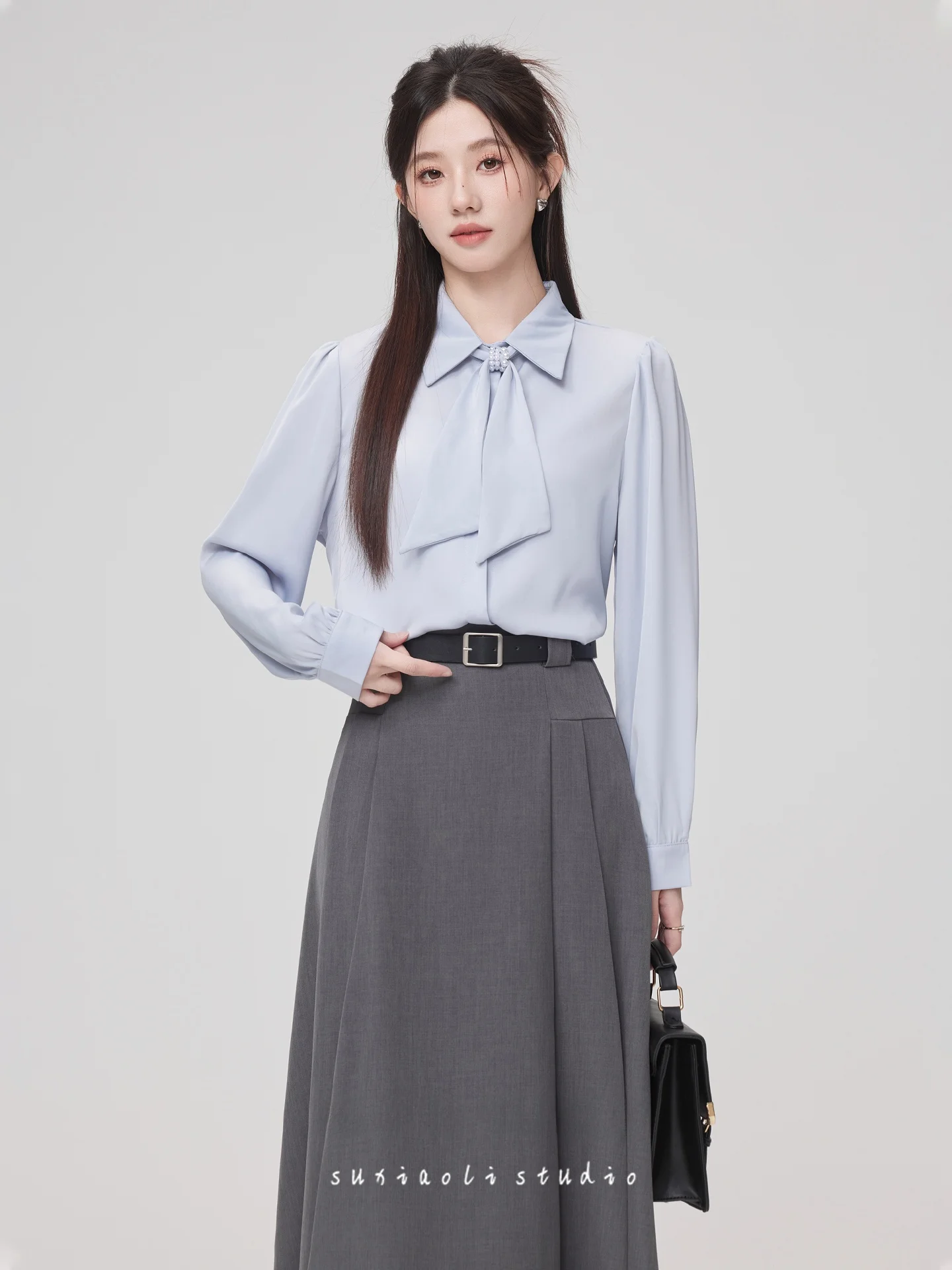 

Синий комплект: рубашка с длинным рукавом и юбка с узлом, деловой костюм для собеседований, женский модный ансамбль, летняя новинка, стиль для работы.