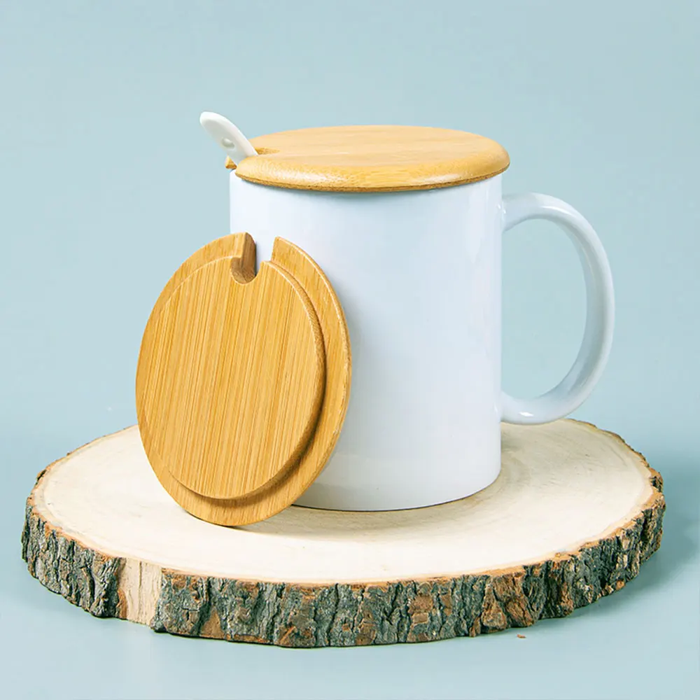 wooden lid 11 15 oz custom logo personalized blanks low moq ceramic stoneware porcelain coffee sublimation mugs with spoon