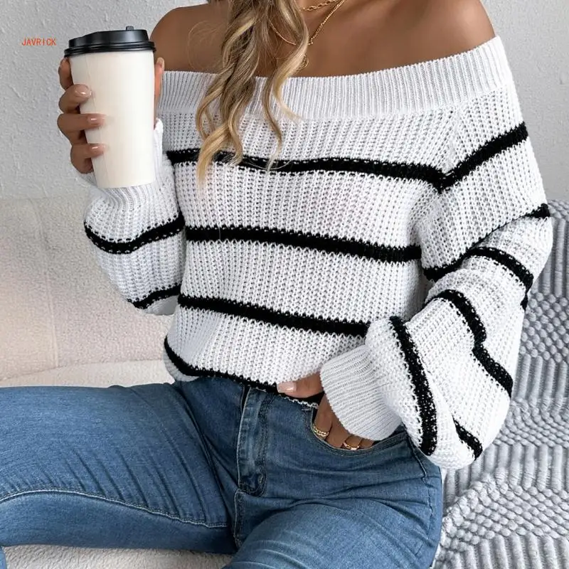 Elegant Strapless Shoulder Lantern Sleeve Sweater For Women In Soft Acrylic Fabric Fashionable Knitwear For Casual Wear