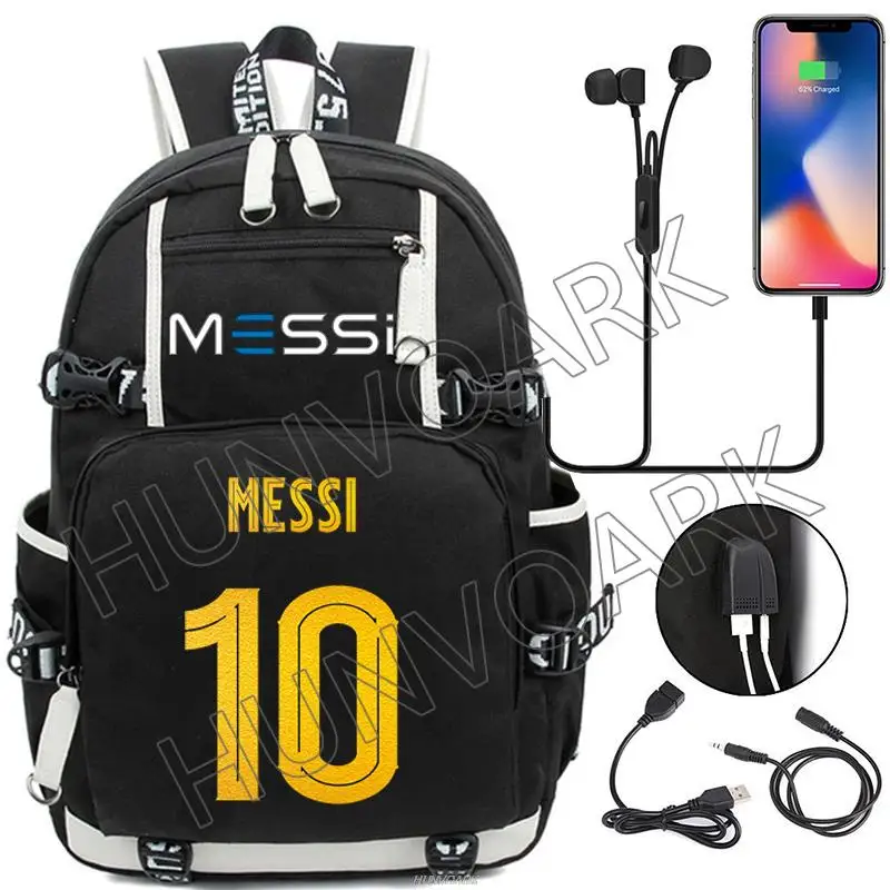 Messi Mochila Laptop Hikking Waterproof Notebook Bag USB Schoolbag Sports Travel School Bag Pack Mochila Para Masculino Feminino